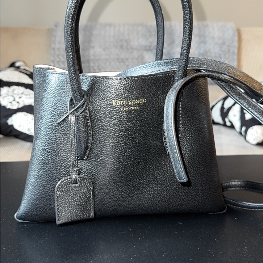 kate spade black pebbled leather satchel with gold logo